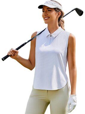 Women's White Sleeveles Golf Shirt UPF 50+ Quick Dry Tennis Polo Top Active
